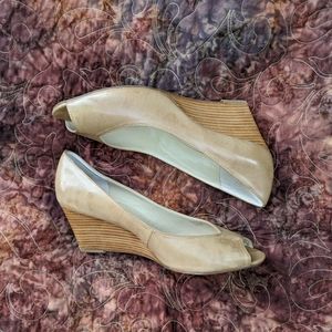 Taupe Leather Peep Toe Wedges